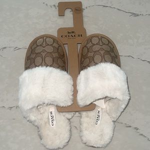 New COACH khaki brown slipper faux fur